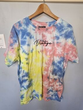 Seven Souls Vintage Tie Dye Graphic Tee Size XL Pastel Pink Blue Yellow Cotton